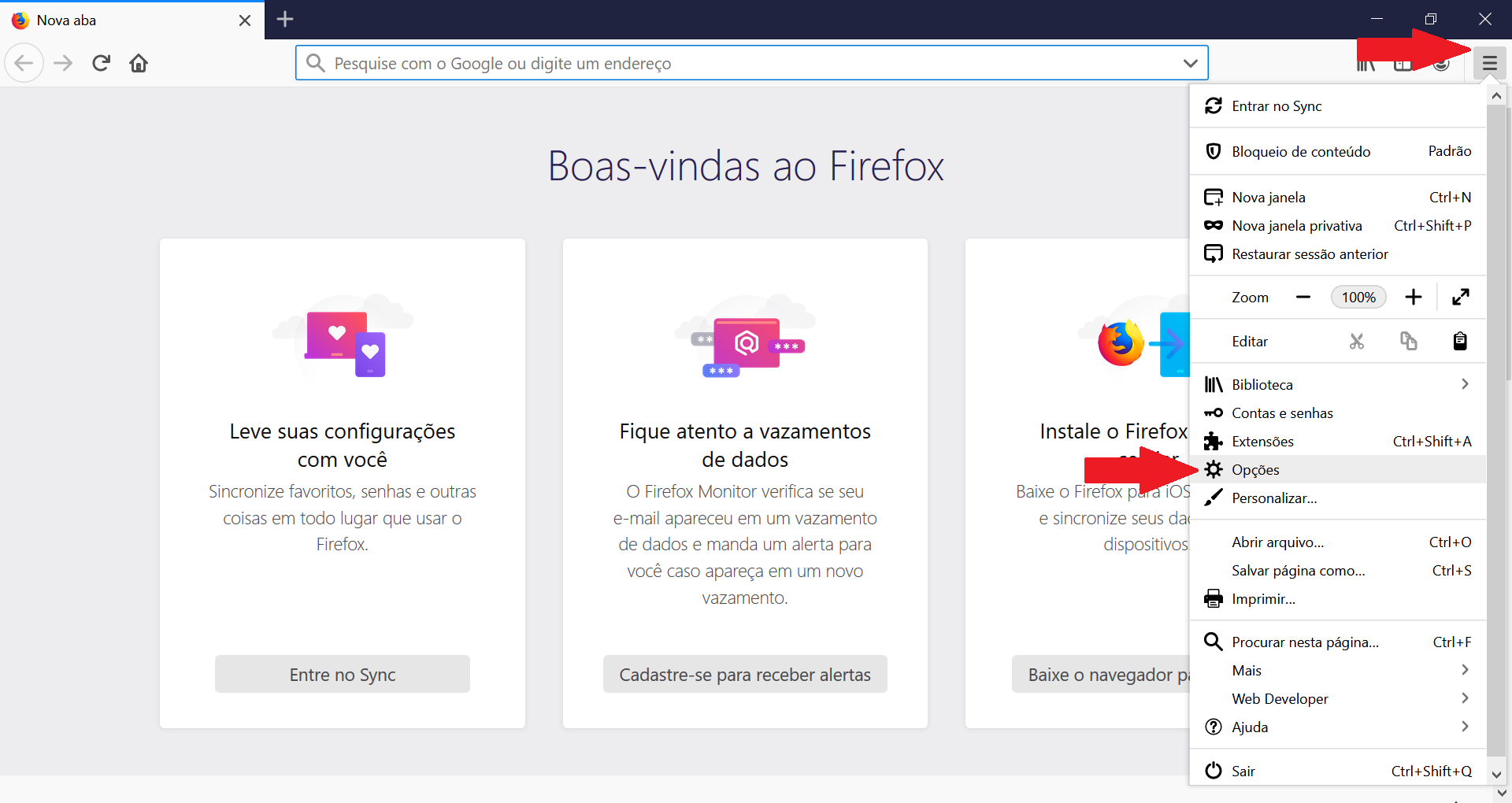 Tela de menu do Firefox.